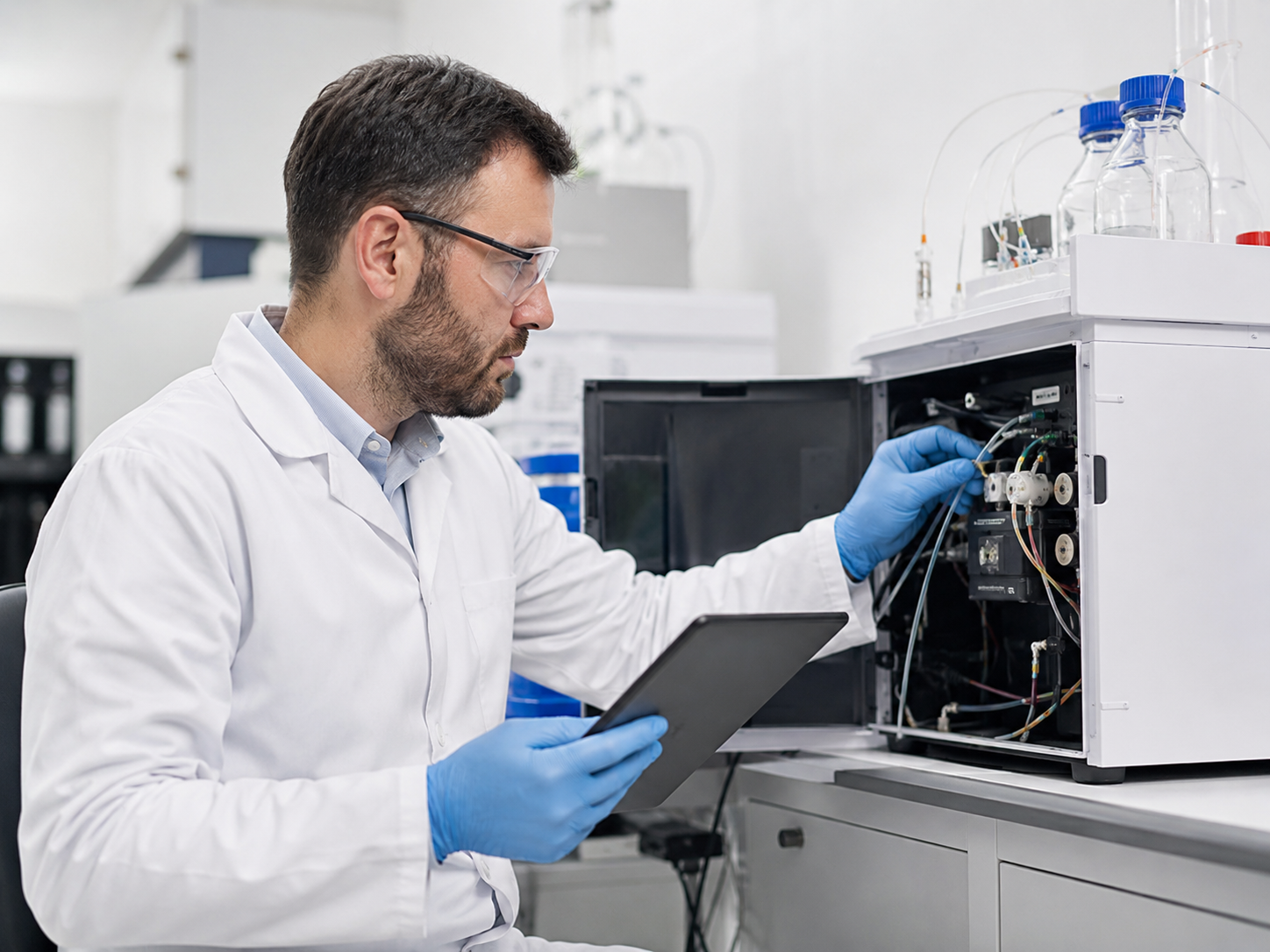 Equipo técnico de laboratorio realizando mantenimiento